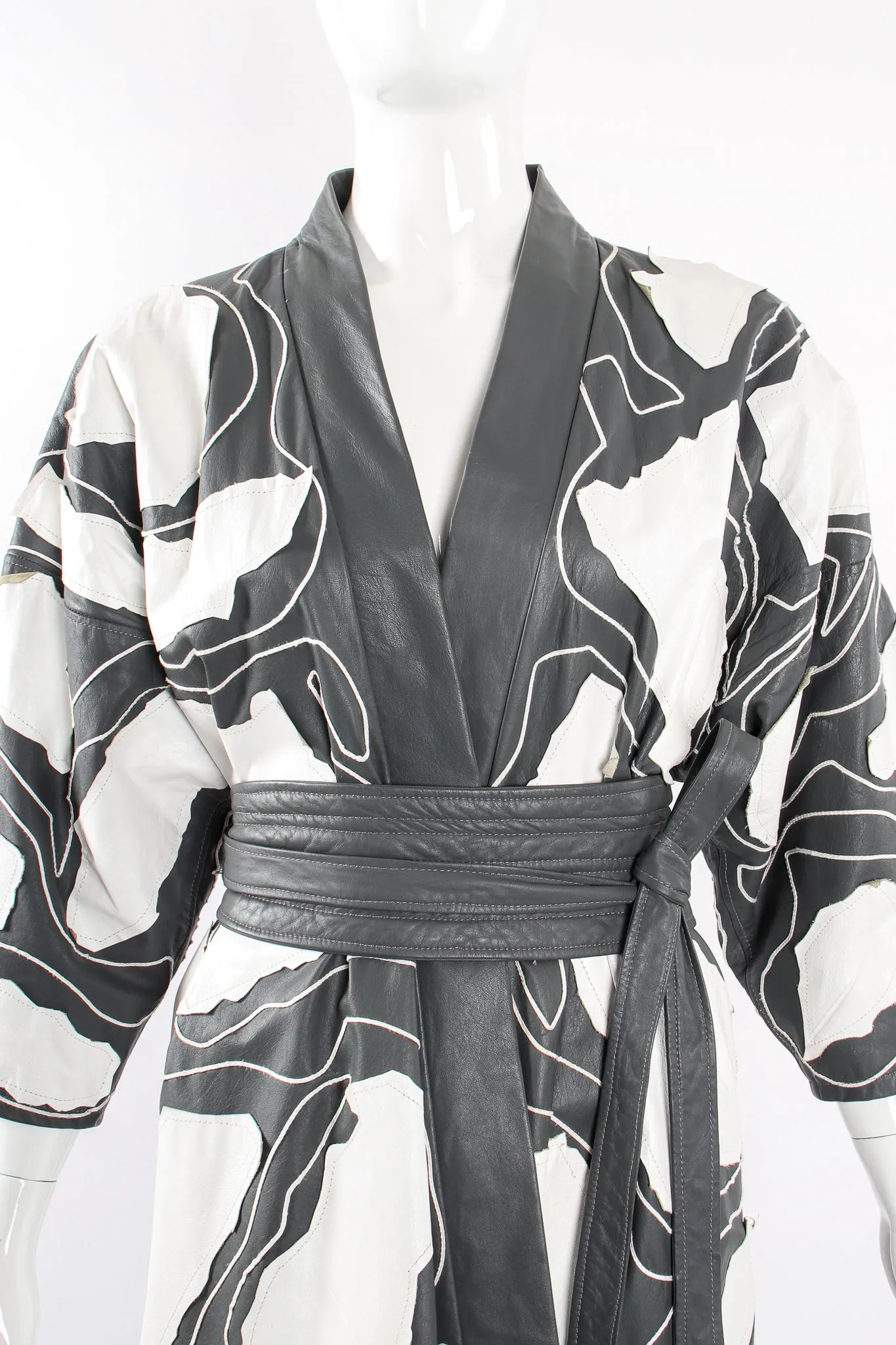 Leather Appliqué Belted Kimono Coat