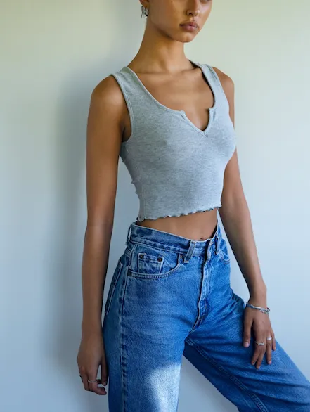 Lettuce Hem Notched U Neck Sleeveless Tank Crop Top