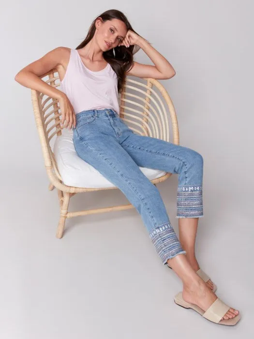 Light Blue Embroidery Cuff Pant