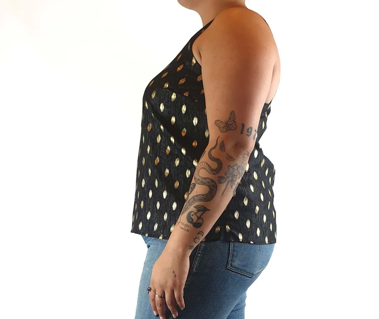 Little Lies black party singlet with gold polka dots size 14