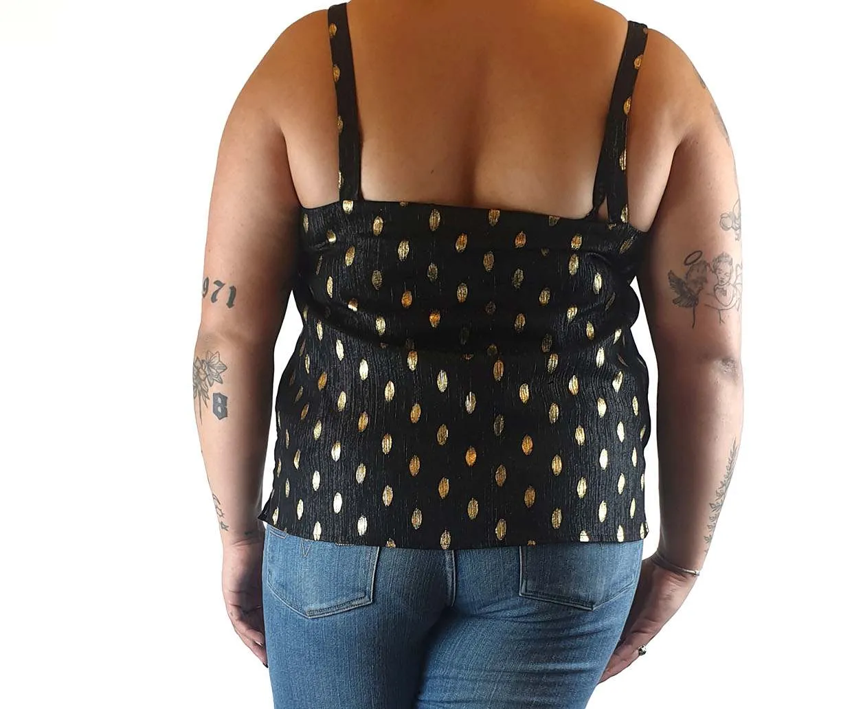 Little Lies black party singlet with gold polka dots size 14