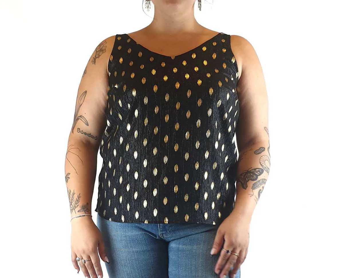 Little Lies black party singlet with gold polka dots size 14