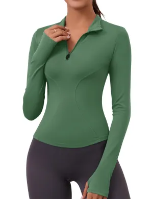 Long Sleeve Workout Tops Women Yoga Running Gym Shirts Slim Crop Top Golf Shirt(Green)