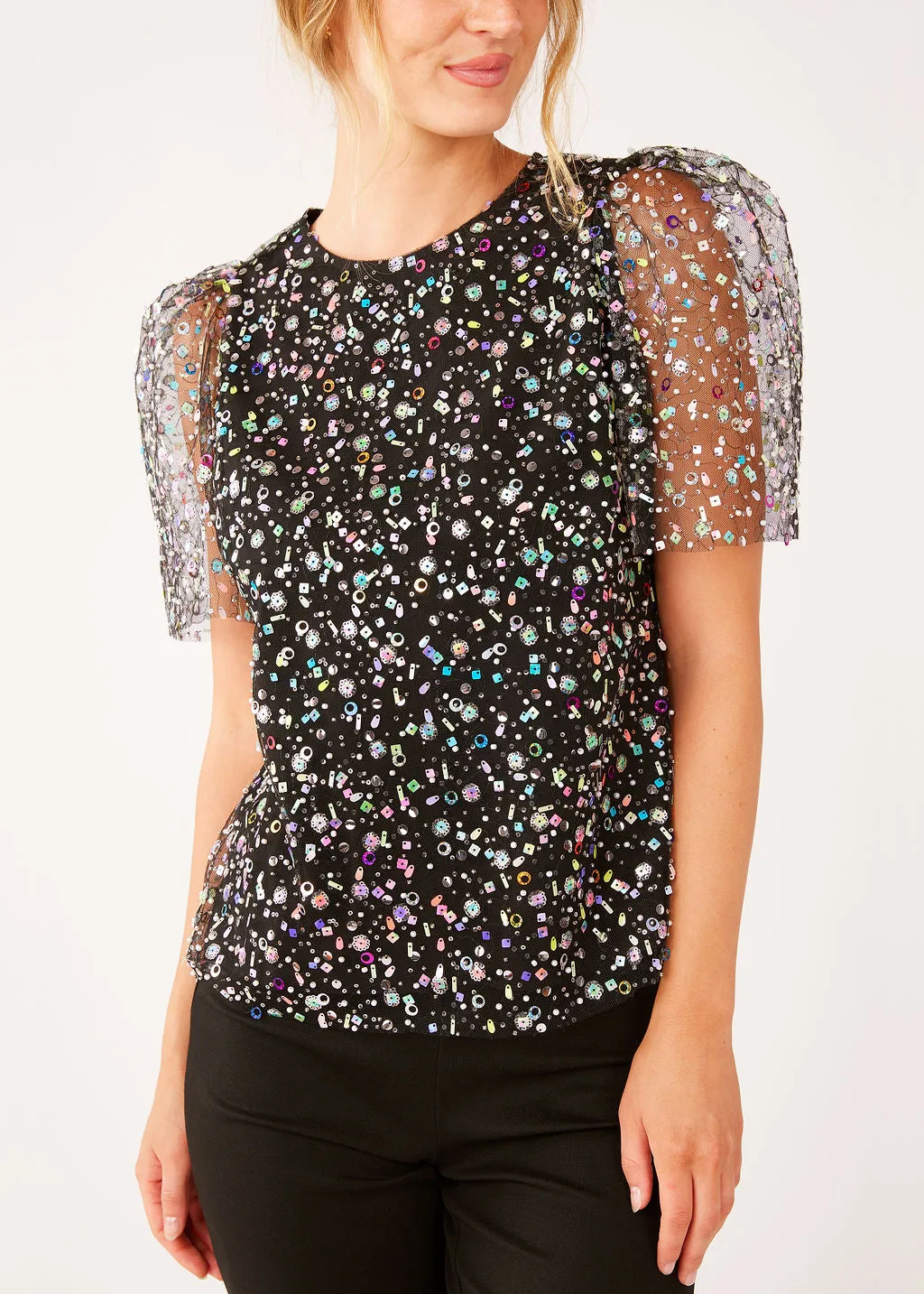 Marty Top Black Multi Beaded Tulle