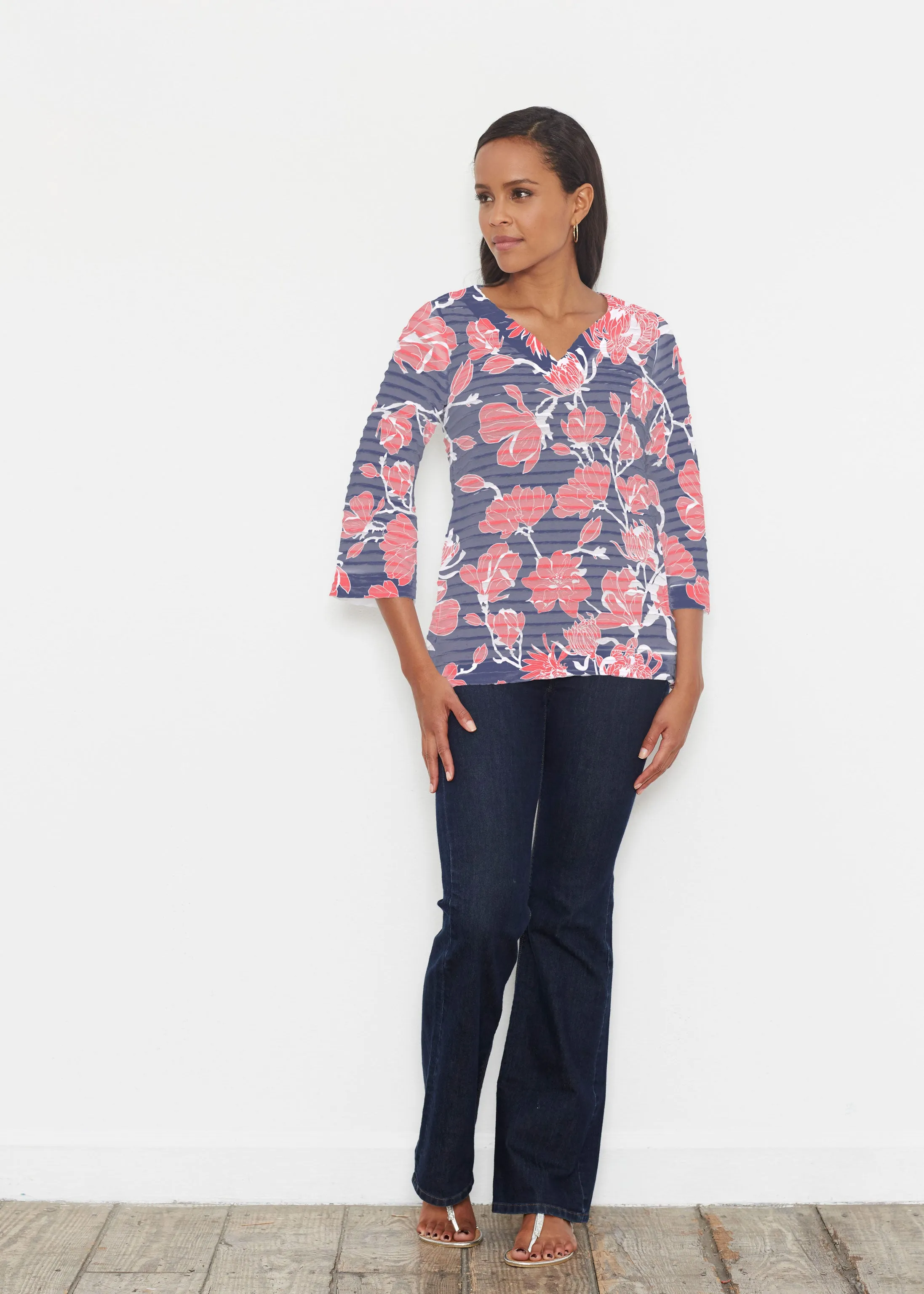 Melina Blooms Navy (7721) ~ Banded 3/4 Bell-Sleeve V-Neck Tunic
