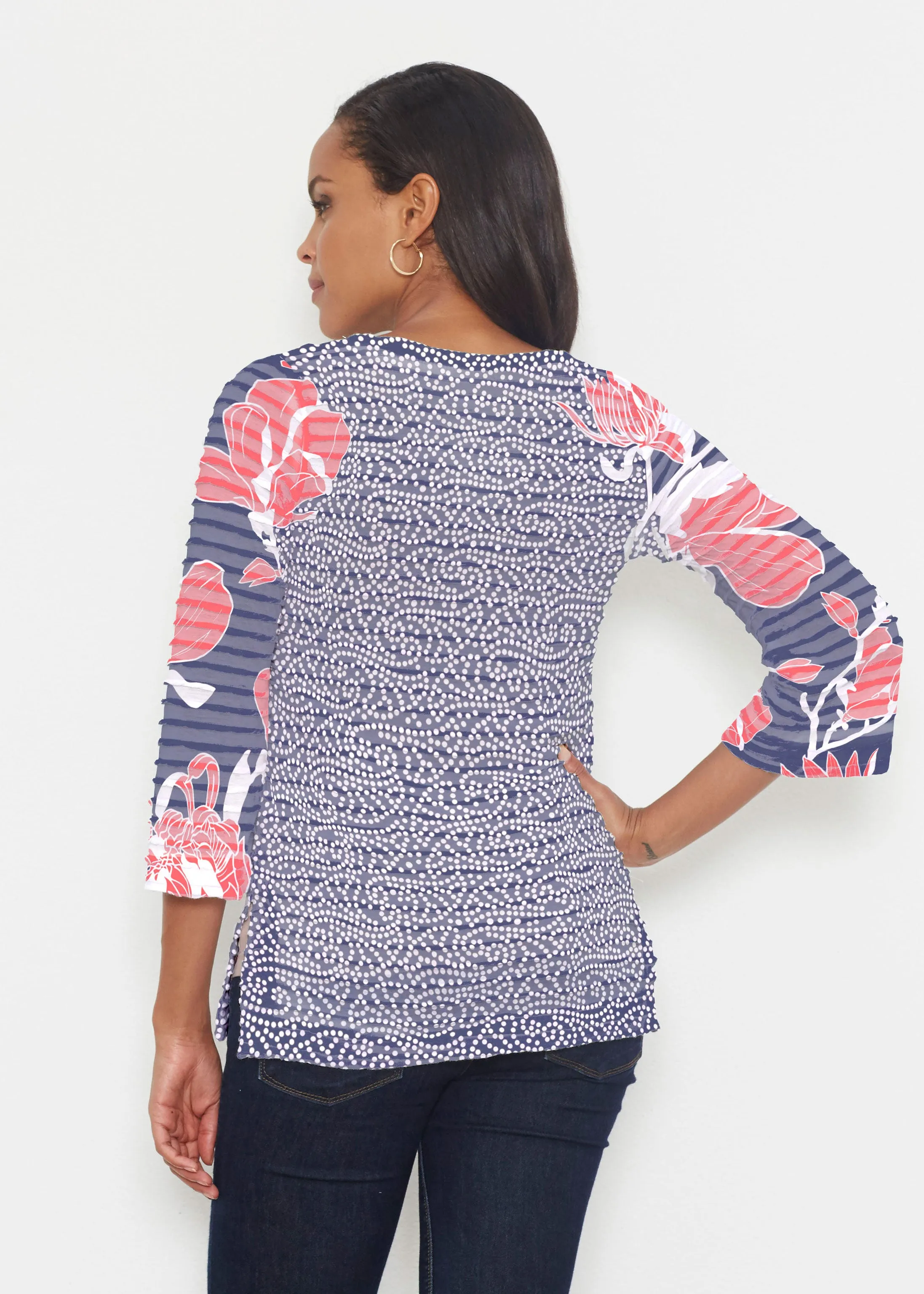 Melina Blooms Navy (7721) ~ Banded 3/4 Bell-Sleeve V-Neck Tunic