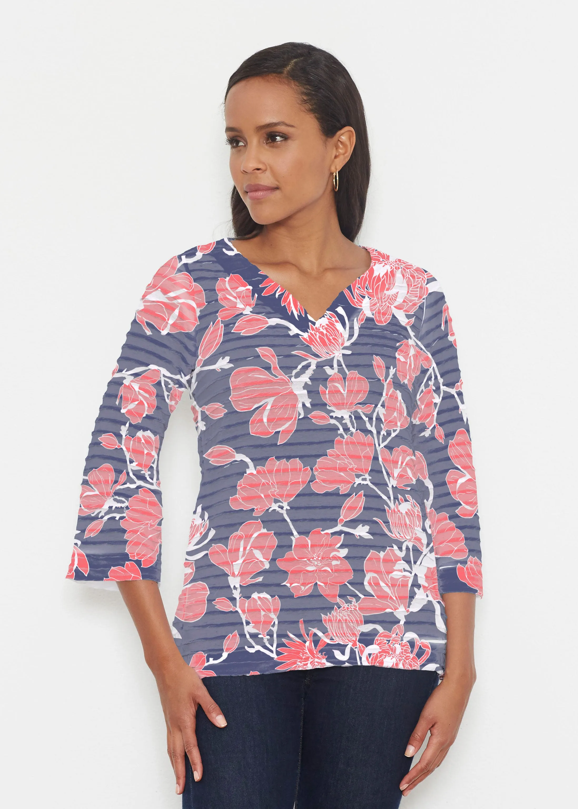 Melina Blooms Navy (7721) ~ Banded 3/4 Bell-Sleeve V-Neck Tunic