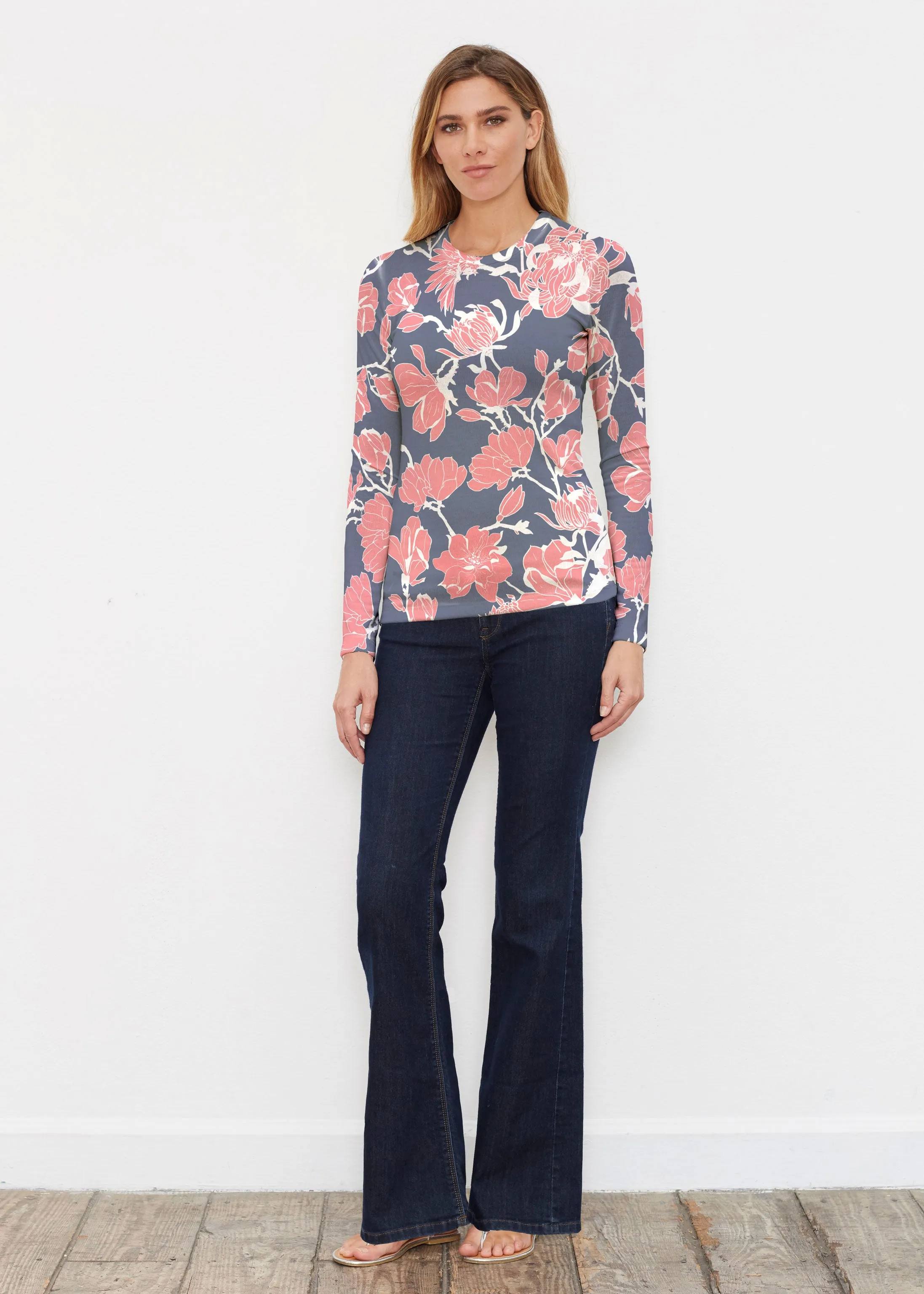 Melina Blooms Navy (7721) ~ Butterknit Long Sleeve Crew Top