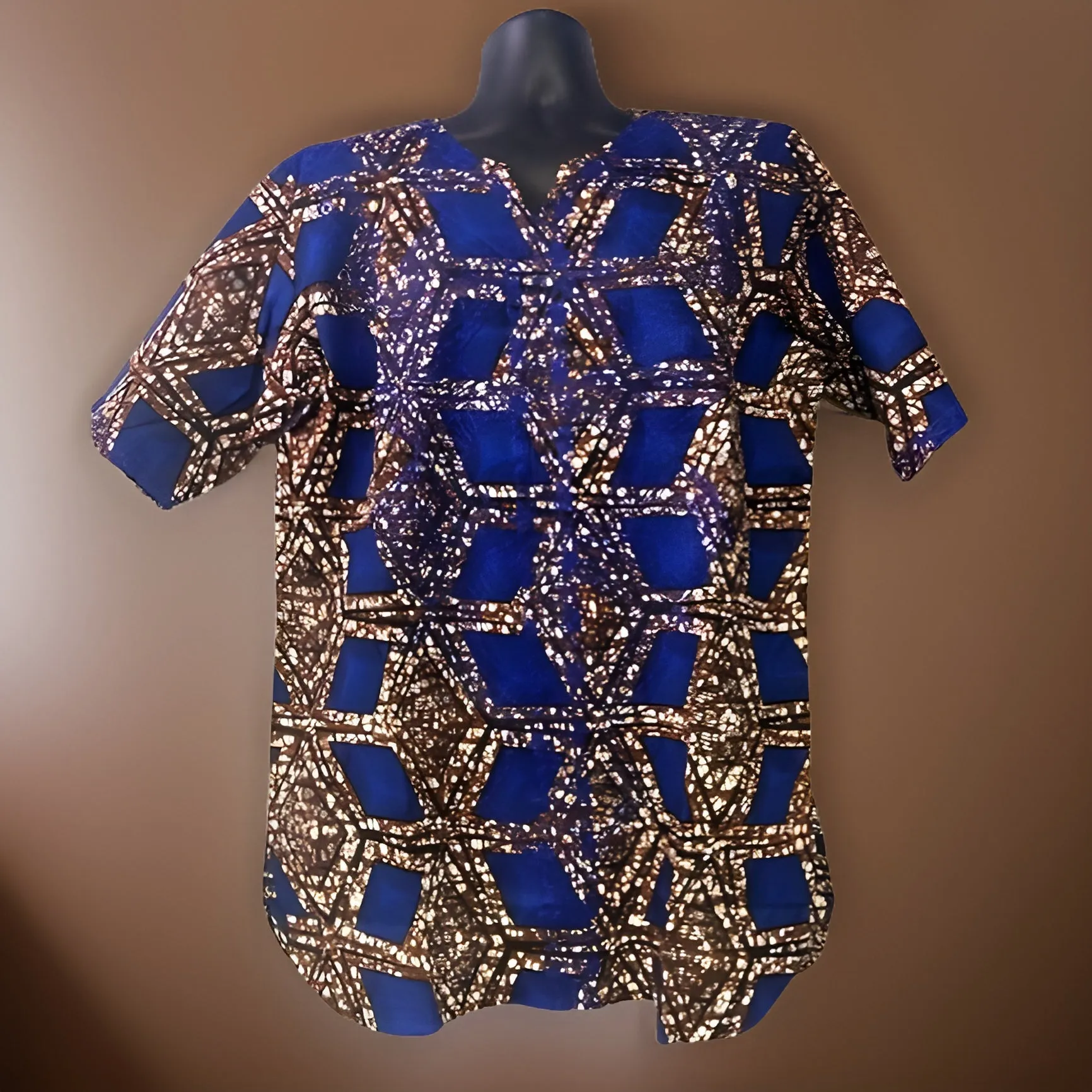 Men's Blue/Bronze African Print Embroidered Dashiki Shirt