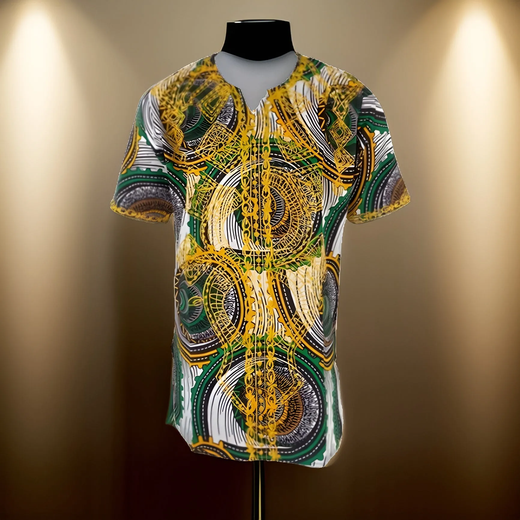 Men's Green/Gold African Print Embroidered Dashiki Shirt 4XL