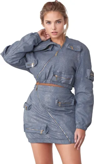 Metallic Shimmer Cropped Bomber Jacket  -82592