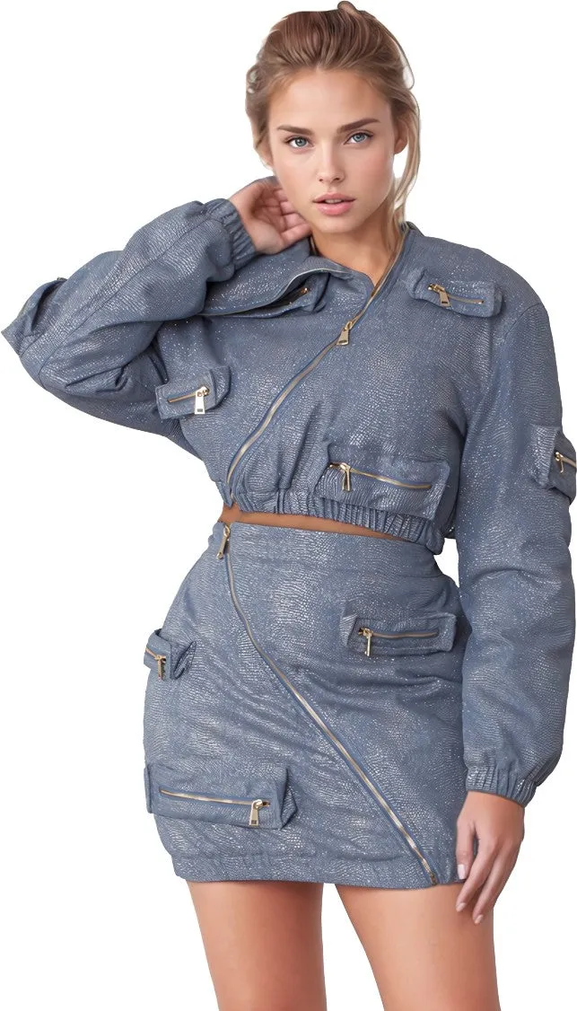 Metallic Shimmer Cropped Bomber Jacket  -82592