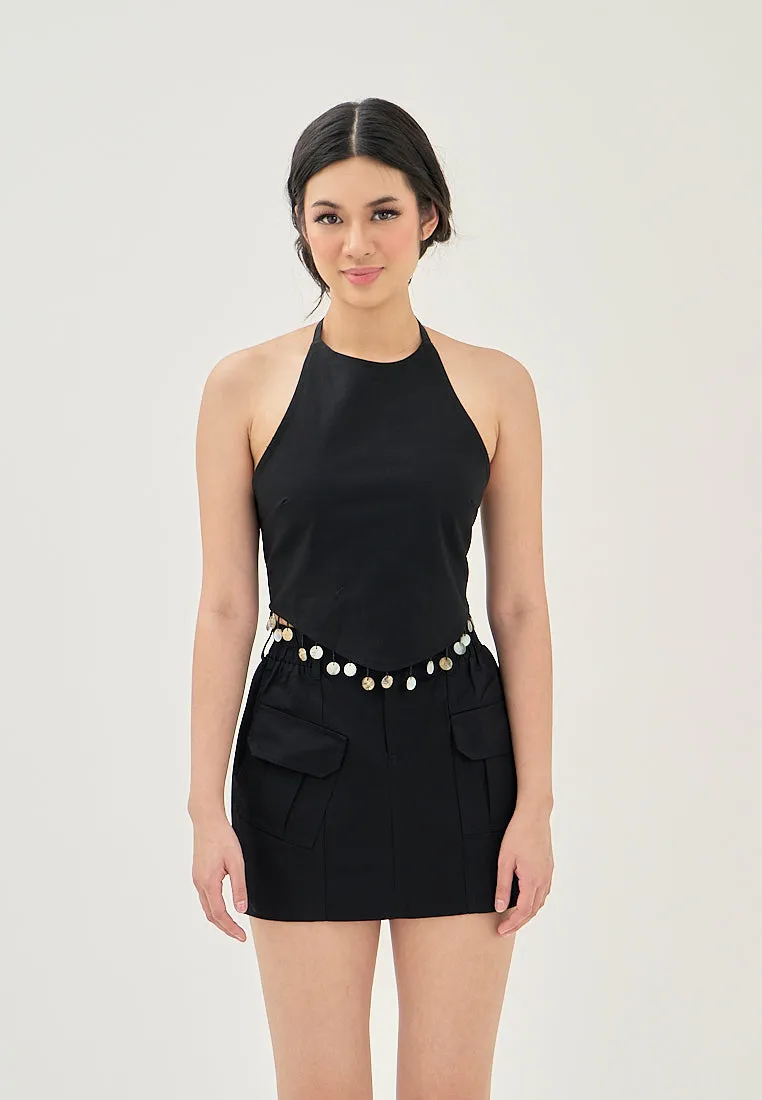 Mirri Black Sexy Back Round Beaded Tassel Sleeveless Halter V-Shaped Hem Top