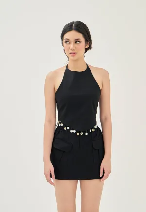 Mirri Black Sexy Back Round Beaded Tassel Sleeveless Halter V-Shaped Hem Top