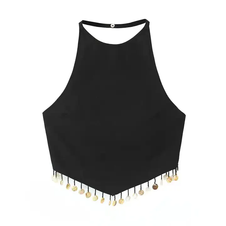 Mirri Black Sexy Back Round Beaded Tassel Sleeveless Halter V-Shaped Hem Top