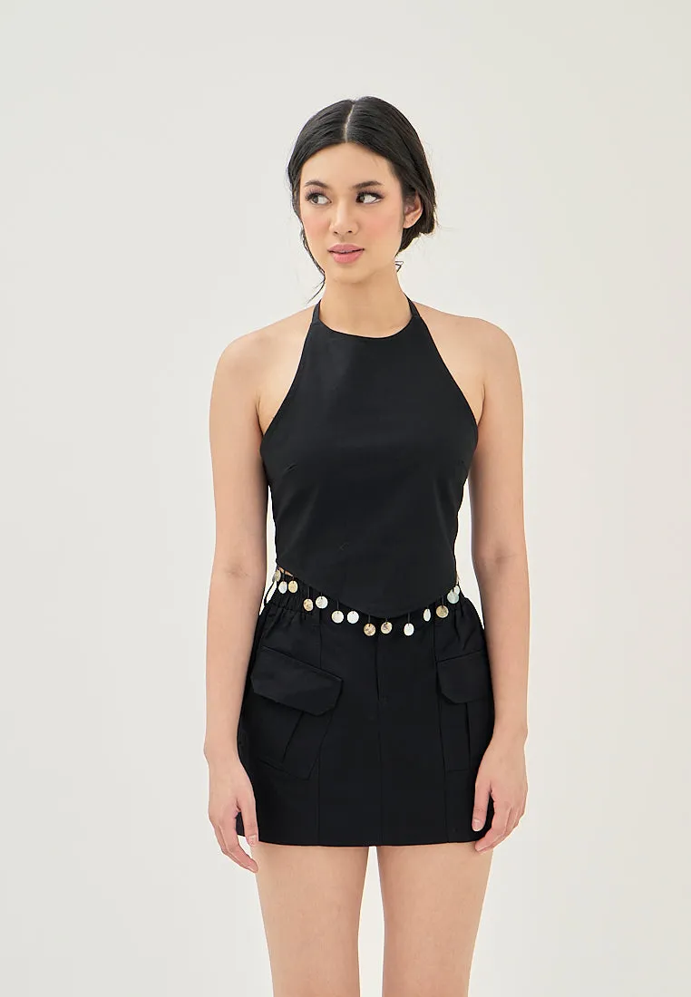 Mirri Black Sexy Back Round Beaded Tassel Sleeveless Halter V-Shaped Hem Top