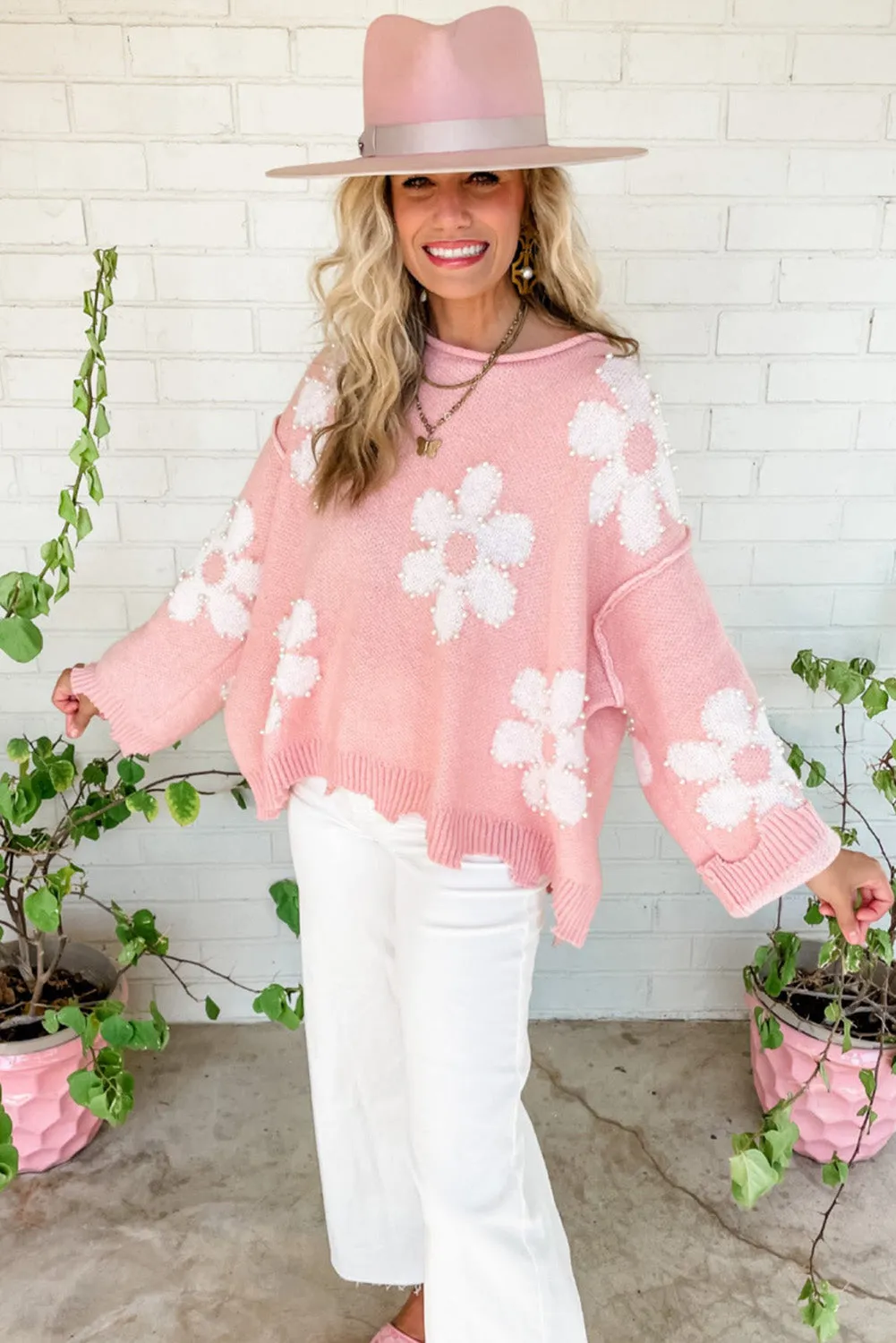 Multicolour Beaded Daisy Pattern Drop Shoulder Sweater