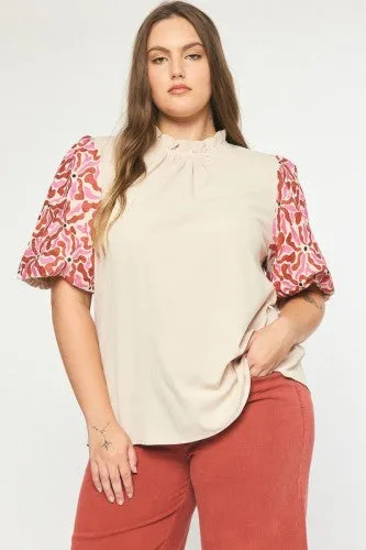 Natural Mock Neck Puff Embroidered Sleeve Blouse