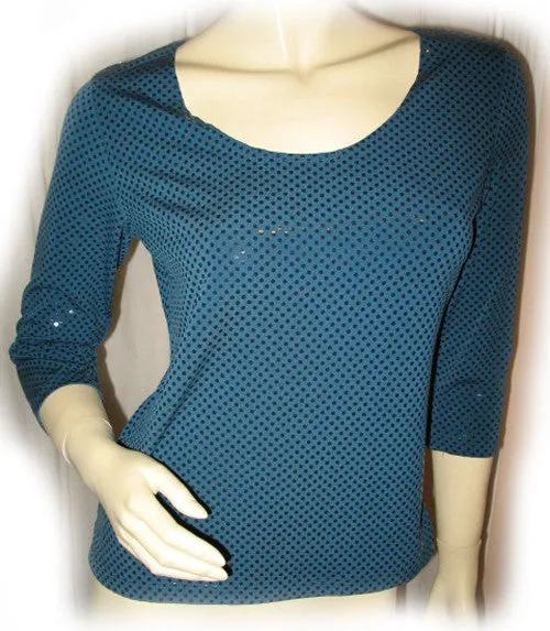 NEW MADE In USA Womens Tops TEAL BLUE Color 3/4 Sleeve Glitters Sparkle SEQUINS TOP Occasion Clothes Small