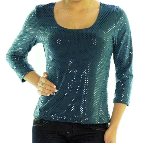 NEW MADE In USA Womens Tops TEAL BLUE Color 3/4 Sleeve Glitters Sparkle SEQUINS TOP Occasion Clothes Small