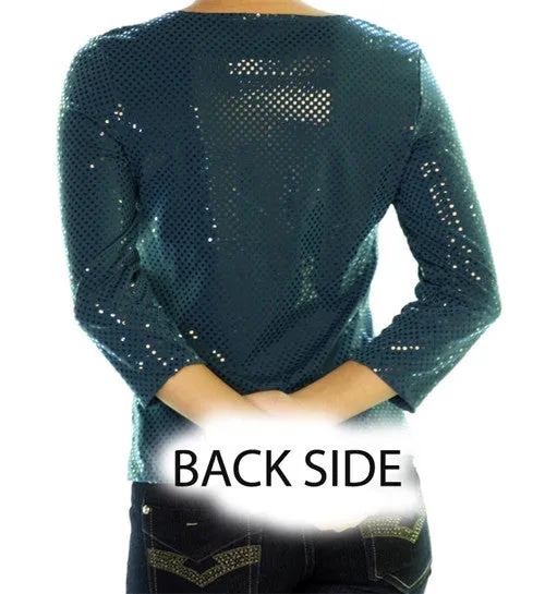 NEW MADE In USA Womens Tops TEAL BLUE Color 3/4 Sleeve Glitters Sparkle SEQUINS TOP Occasion Clothes Small