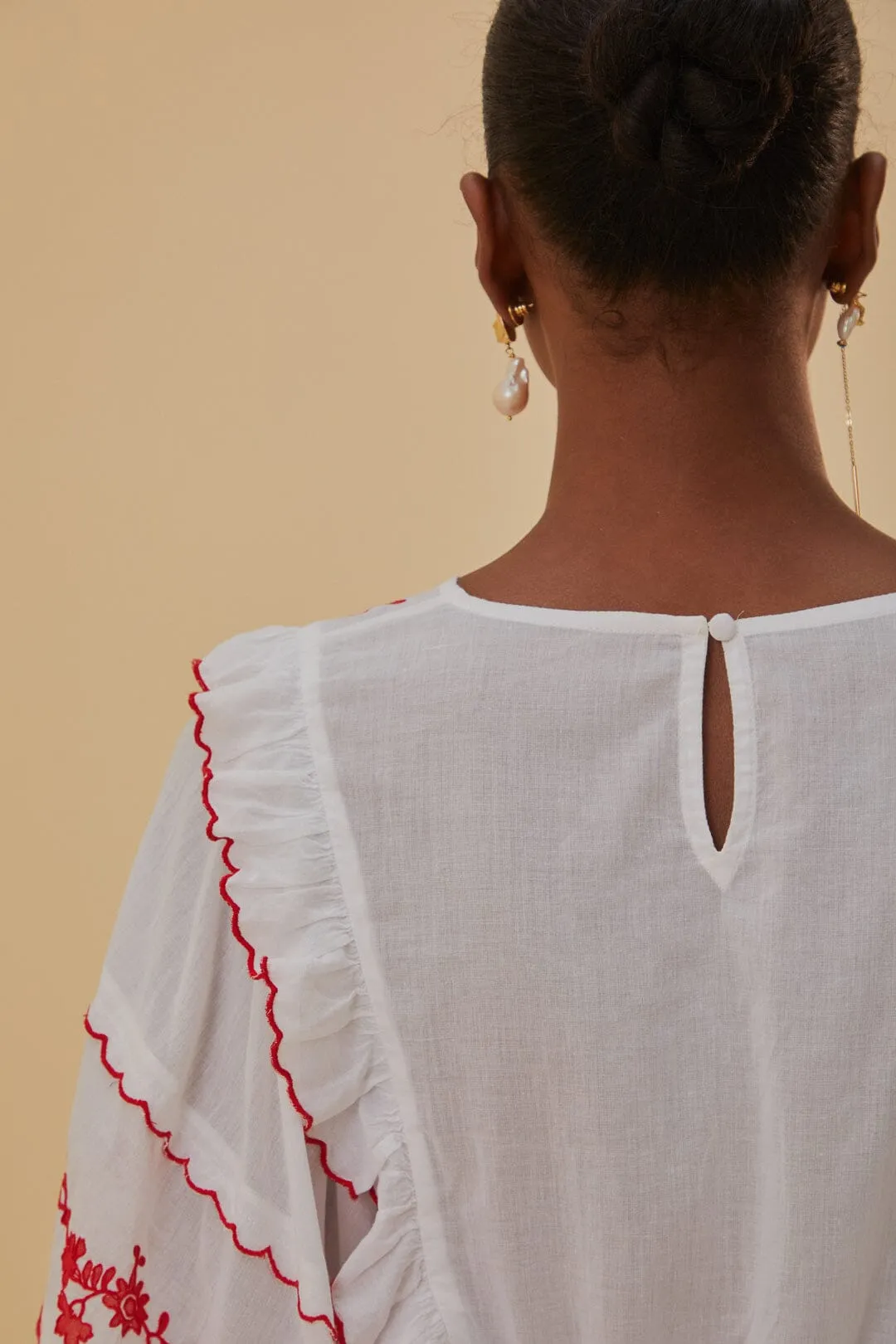Off-White and Red Embroidered Long Sleeve Blouse
