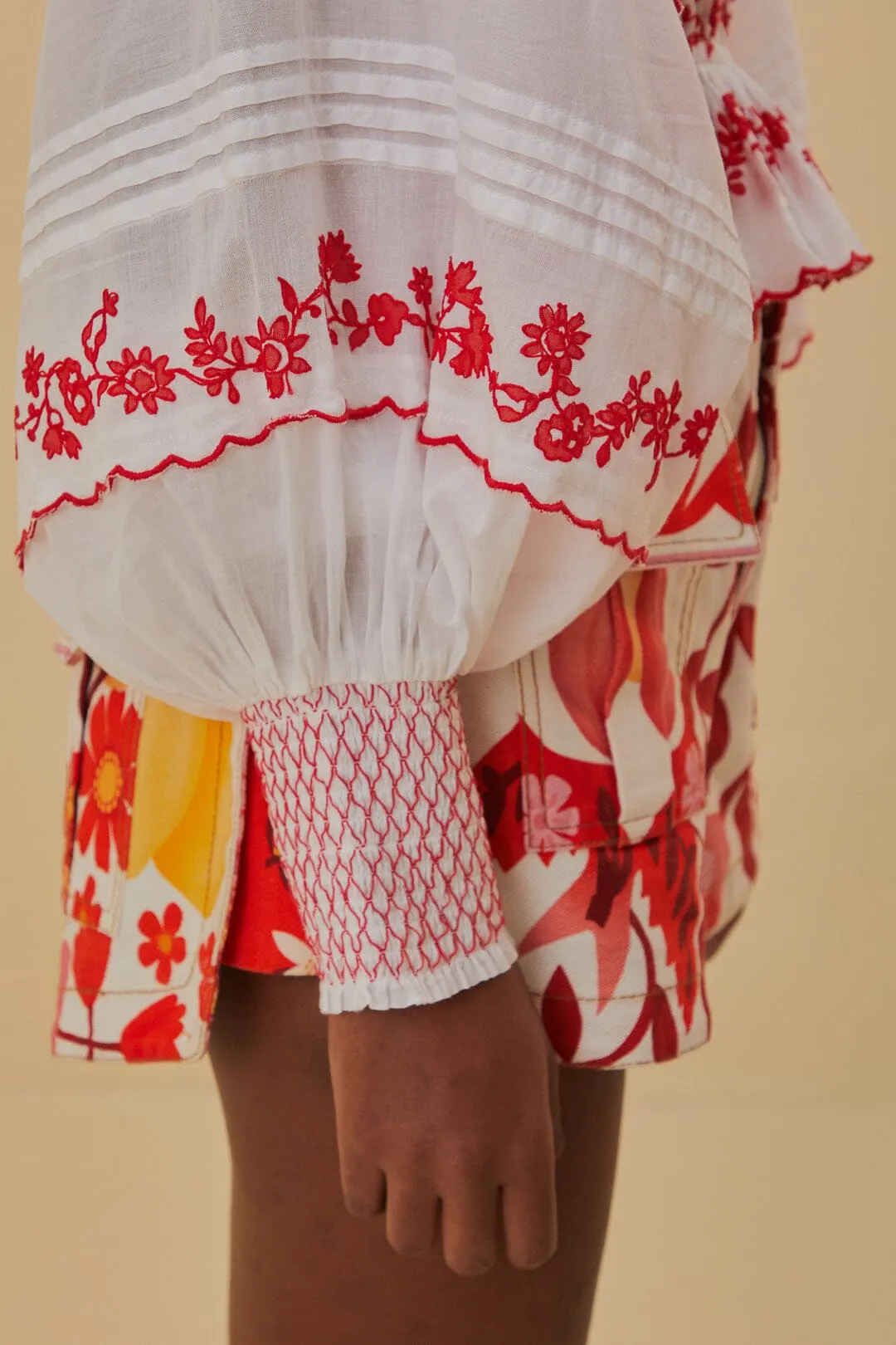Off-White and Red Embroidered Long Sleeve Blouse