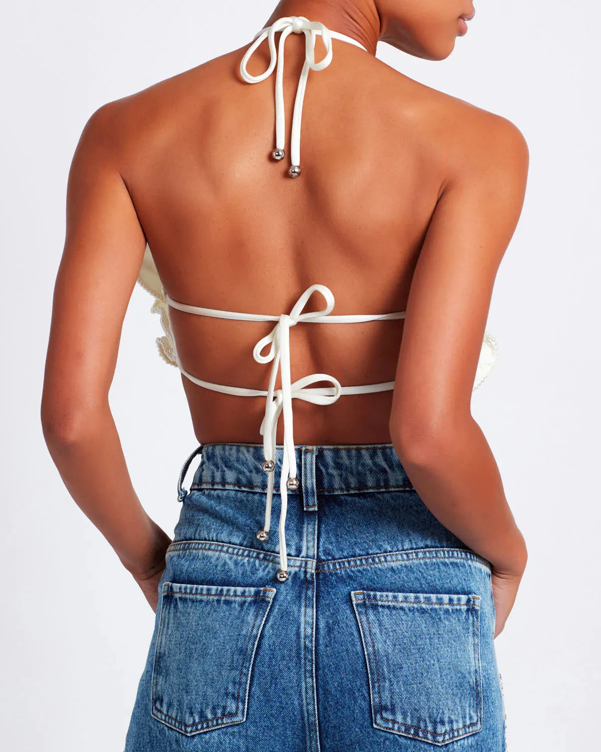 Patbo Hand Beaded Flower Top White