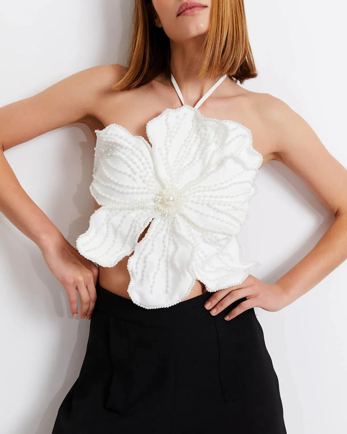Patbo Hand Beaded Flower Top White