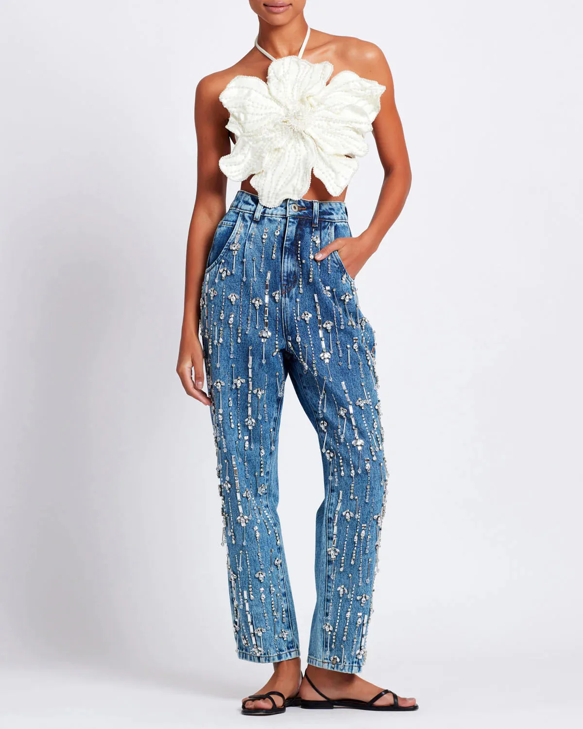 Patbo Hand Beaded Flower Top White