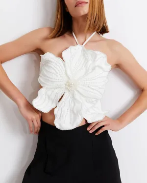 Patbo Hand Beaded Flower Top White