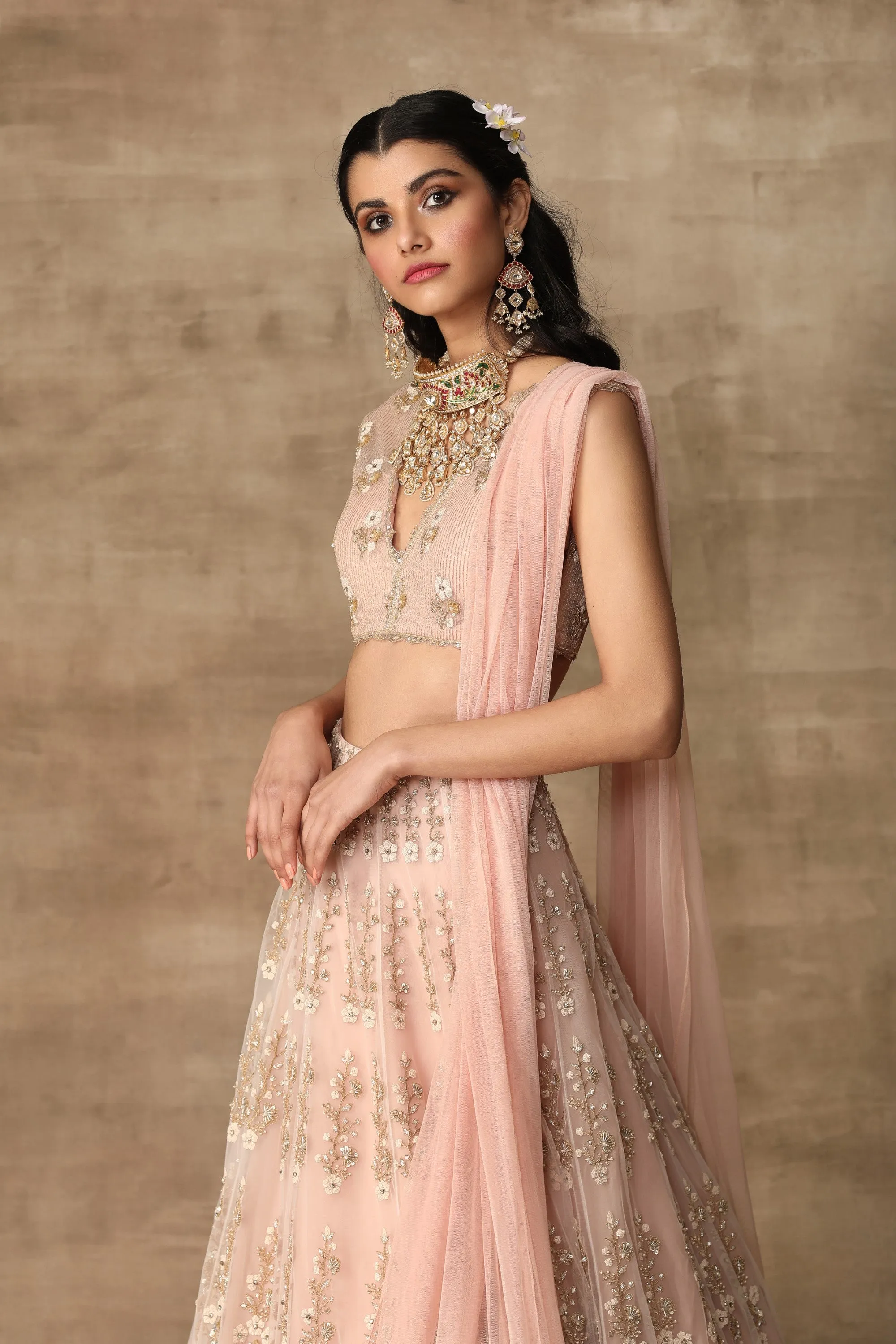 Peachy Pink Embroidered Lehenga Set