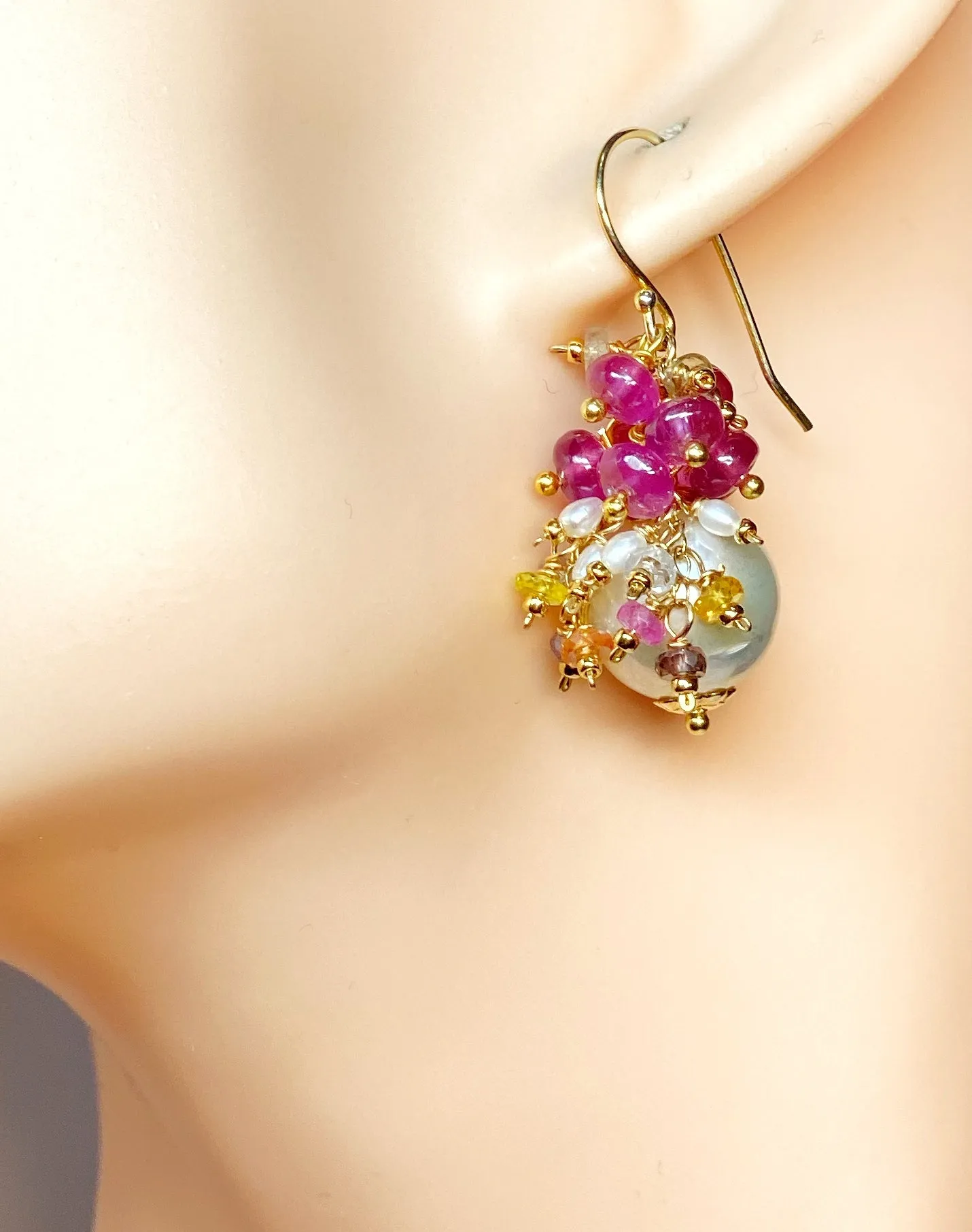 Pearl and Pink Sapphire Cluster Earrings Gold 3