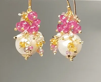 Pearl and Pink Sapphire Cluster Earrings Gold 3
