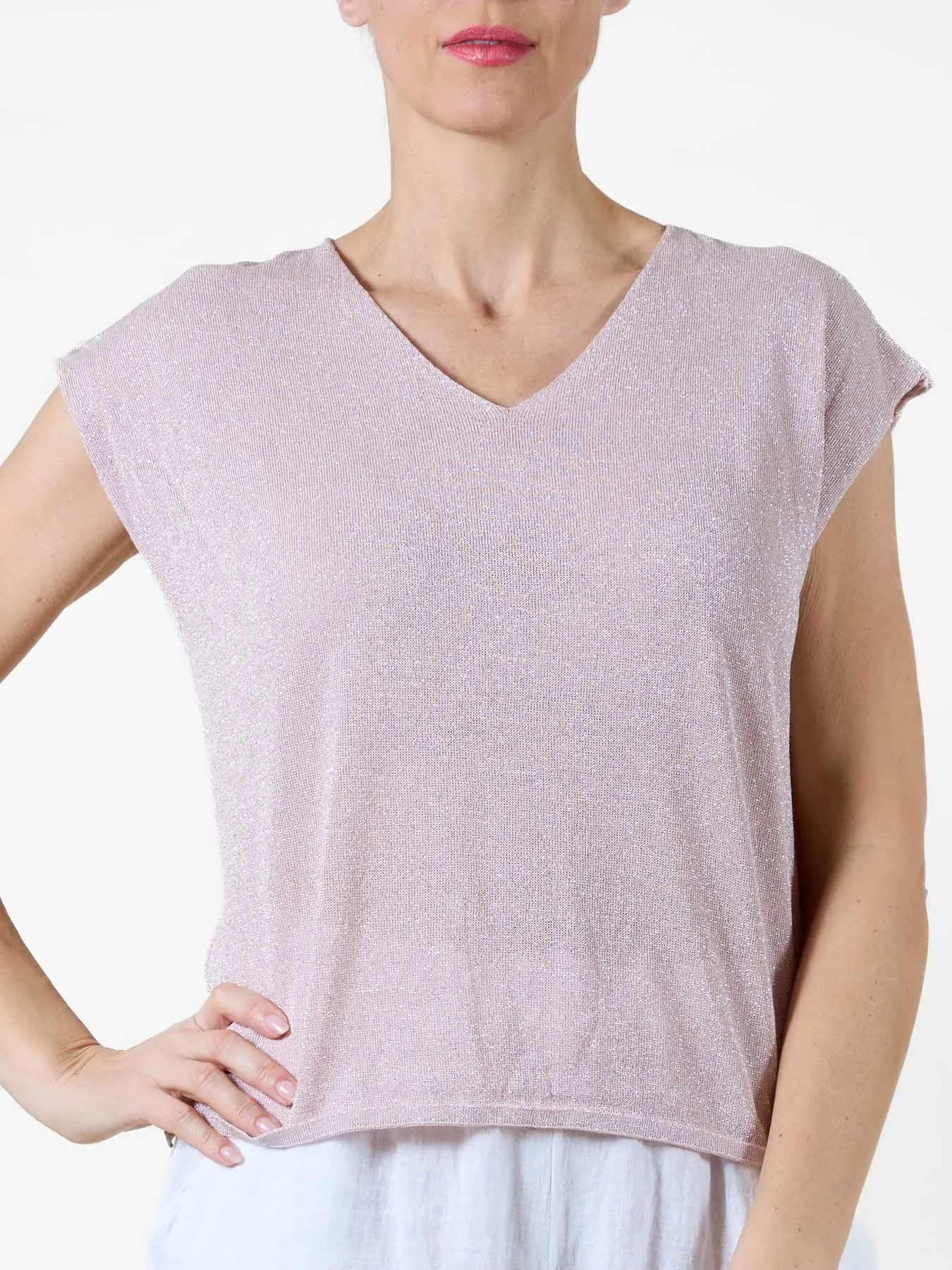 Pink Lurex V-Neck T-Shirt with Cap Sleeves
