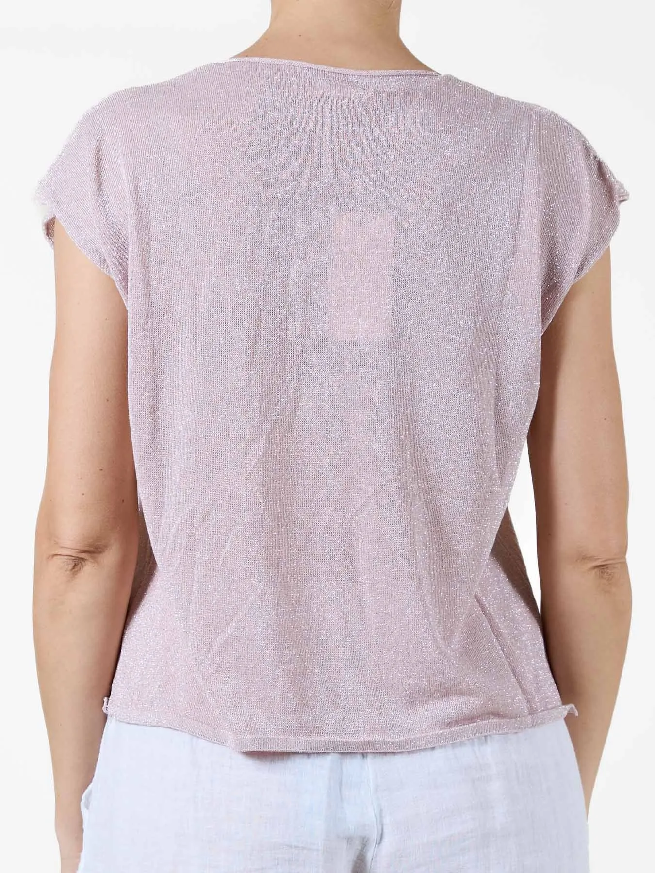 Pink Lurex V-Neck T-Shirt with Cap Sleeves