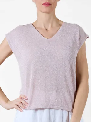 Pink Lurex V-Neck T-Shirt with Cap Sleeves
