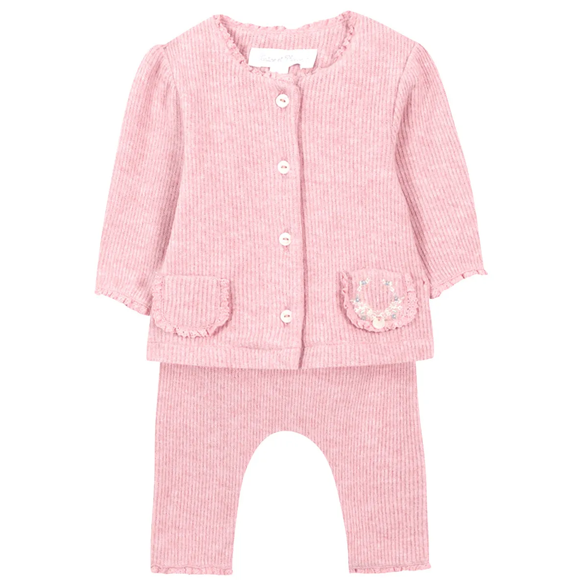 Pink Ribbed Floral Embroidered Set