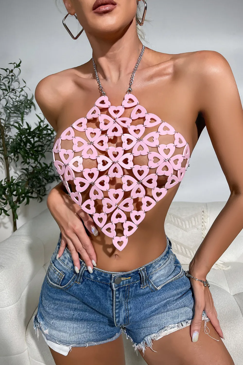 Pink Sequins Acrylic Halter Top