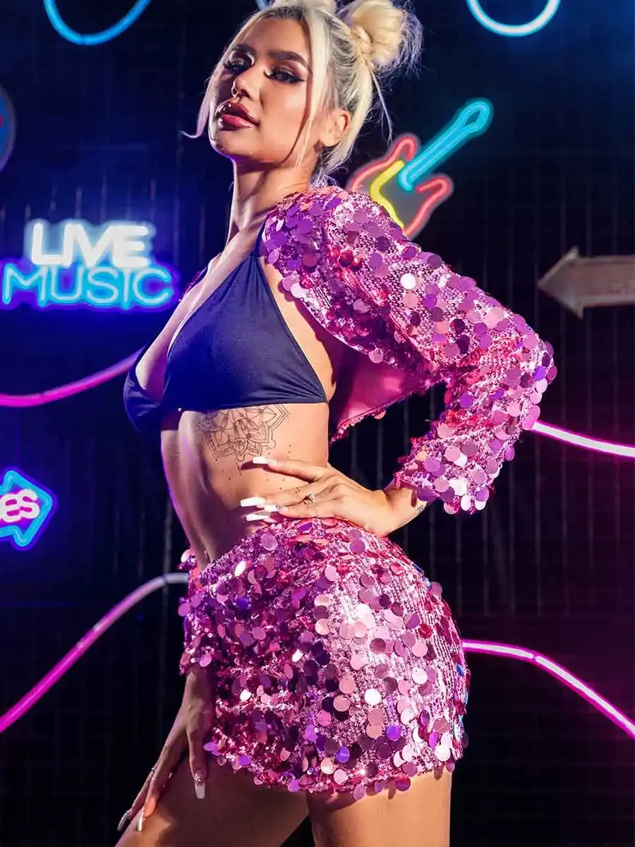 Pink Sparkly Two Piece Set - Short Jacket & Sequin Skirt