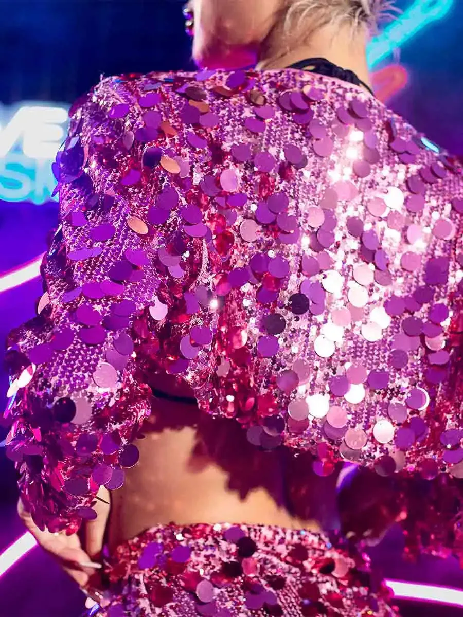 Pink Sparkly Two Piece Set - Short Jacket & Sequin Skirt