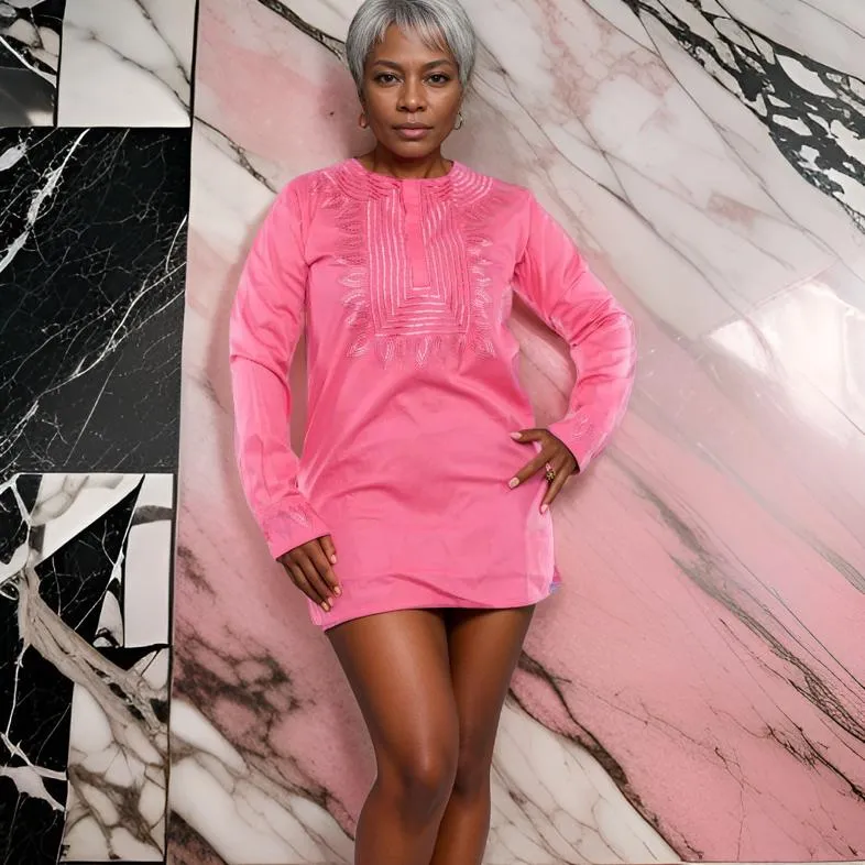 Pink T'Challa African Print Embroidered Long Sleeve Dashiki Shirt