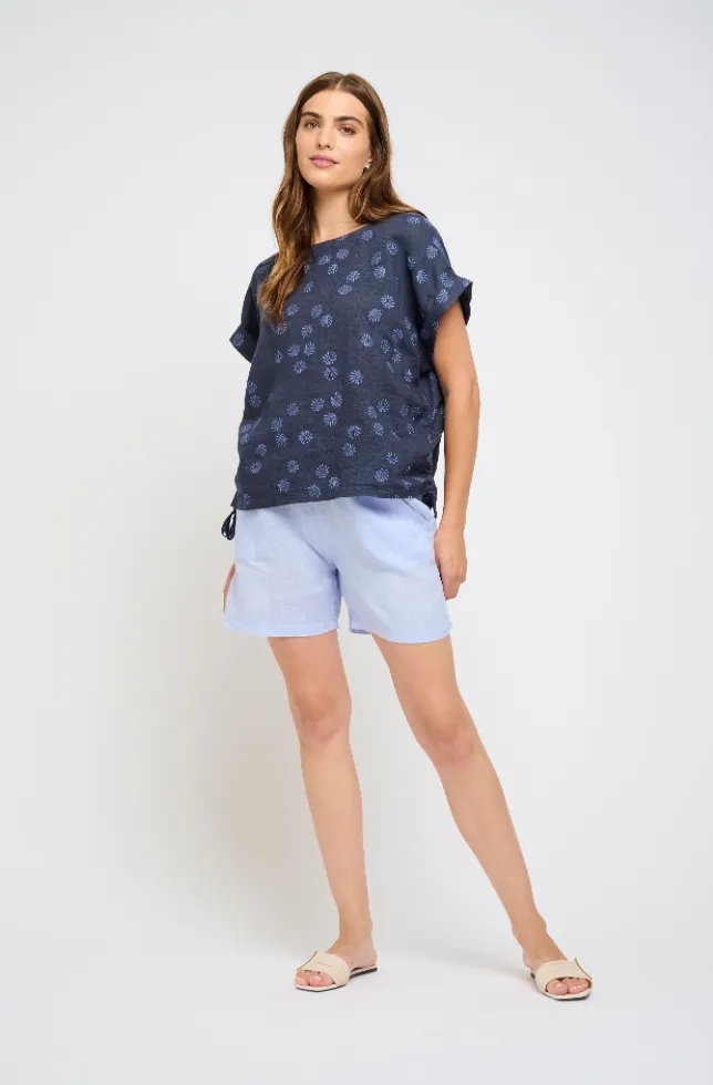 Pistache Short Sleeve Linen Top w/Drawstring Ties