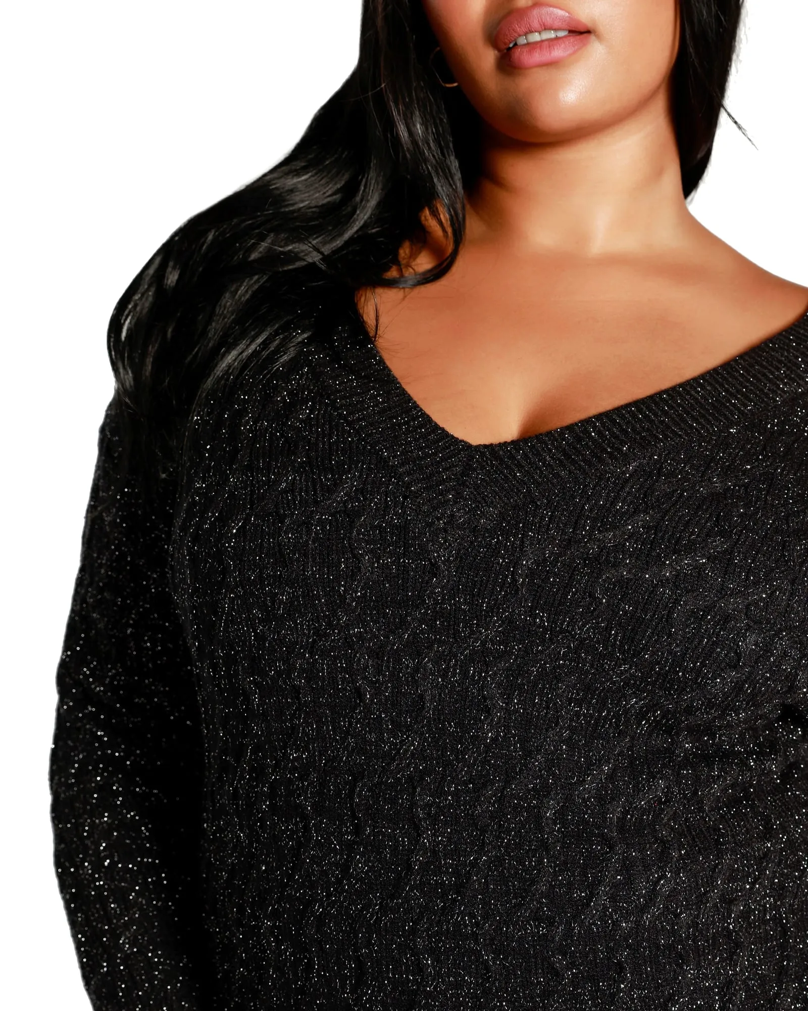 Plus Size Lurex Cable Double V-neck Sweater | Black/Pewter