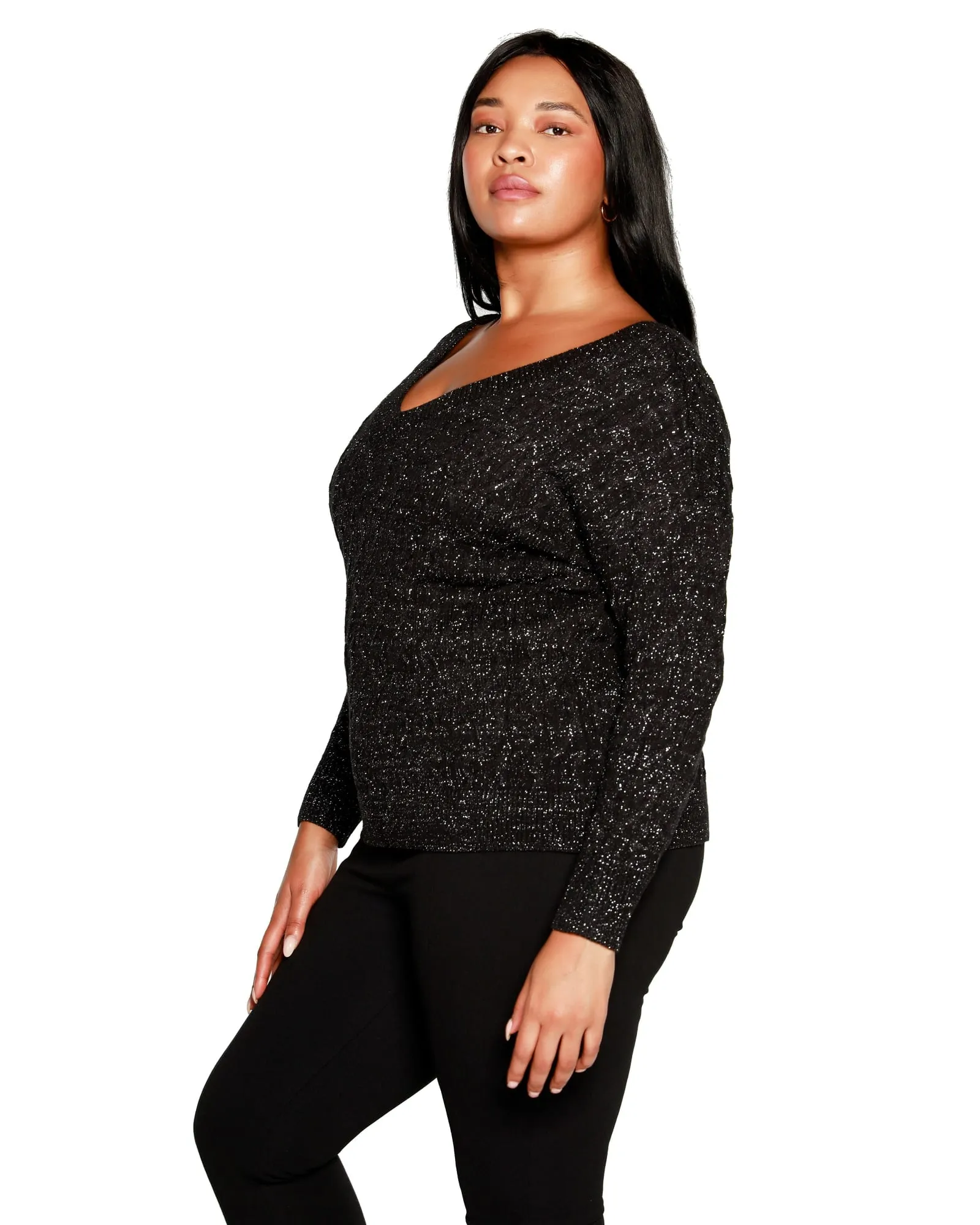 Plus Size Lurex Cable Double V-neck Sweater | Black/Pewter