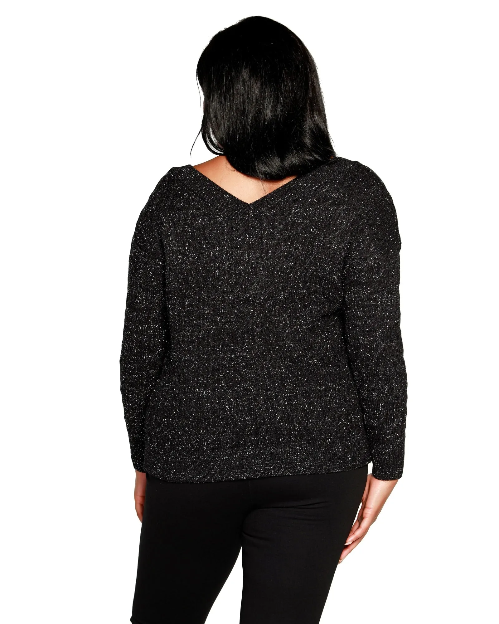 Plus Size Lurex Cable Double V-neck Sweater | Black/Pewter