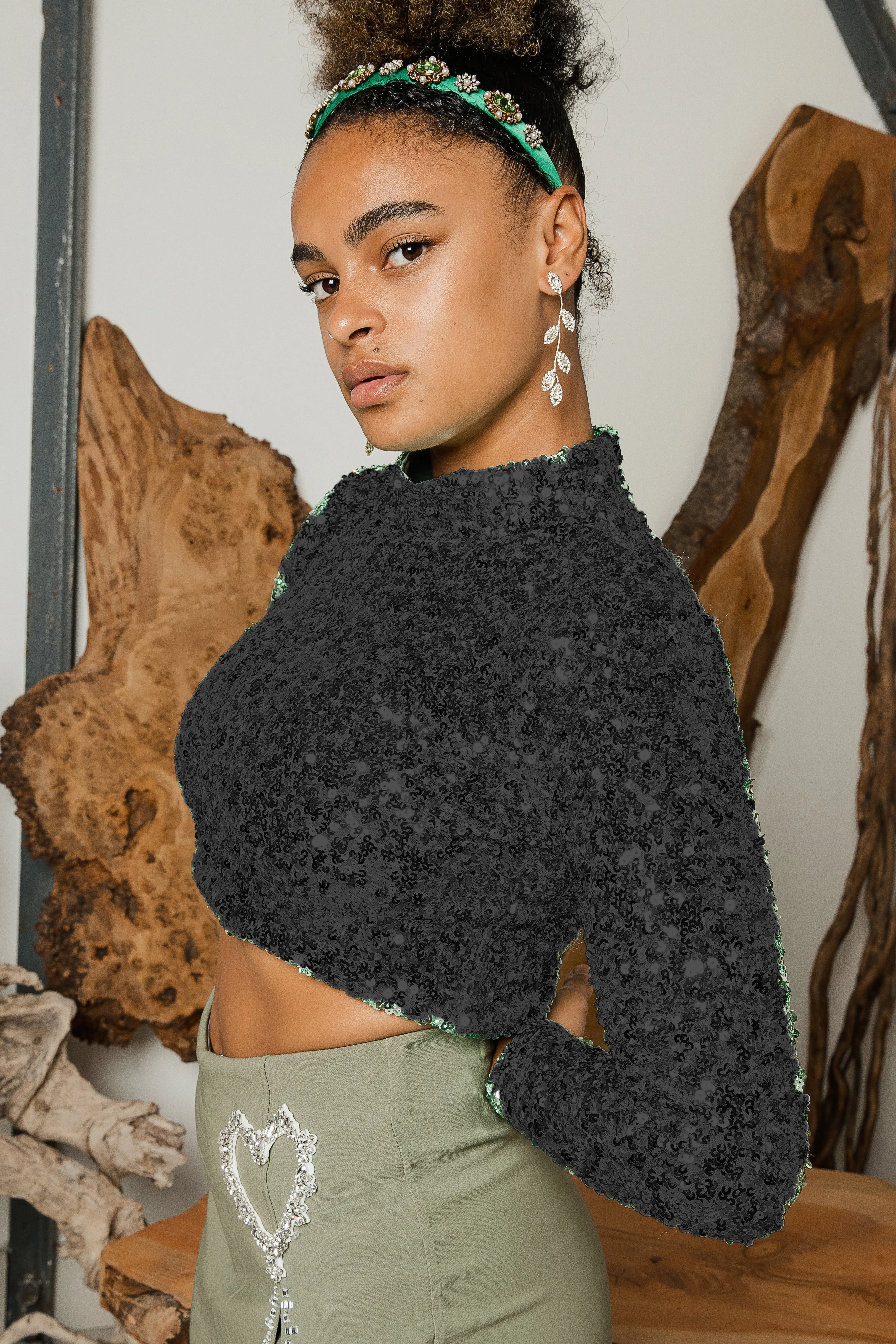 Polo Neck Sequin Sparkle Long Sleeve Top