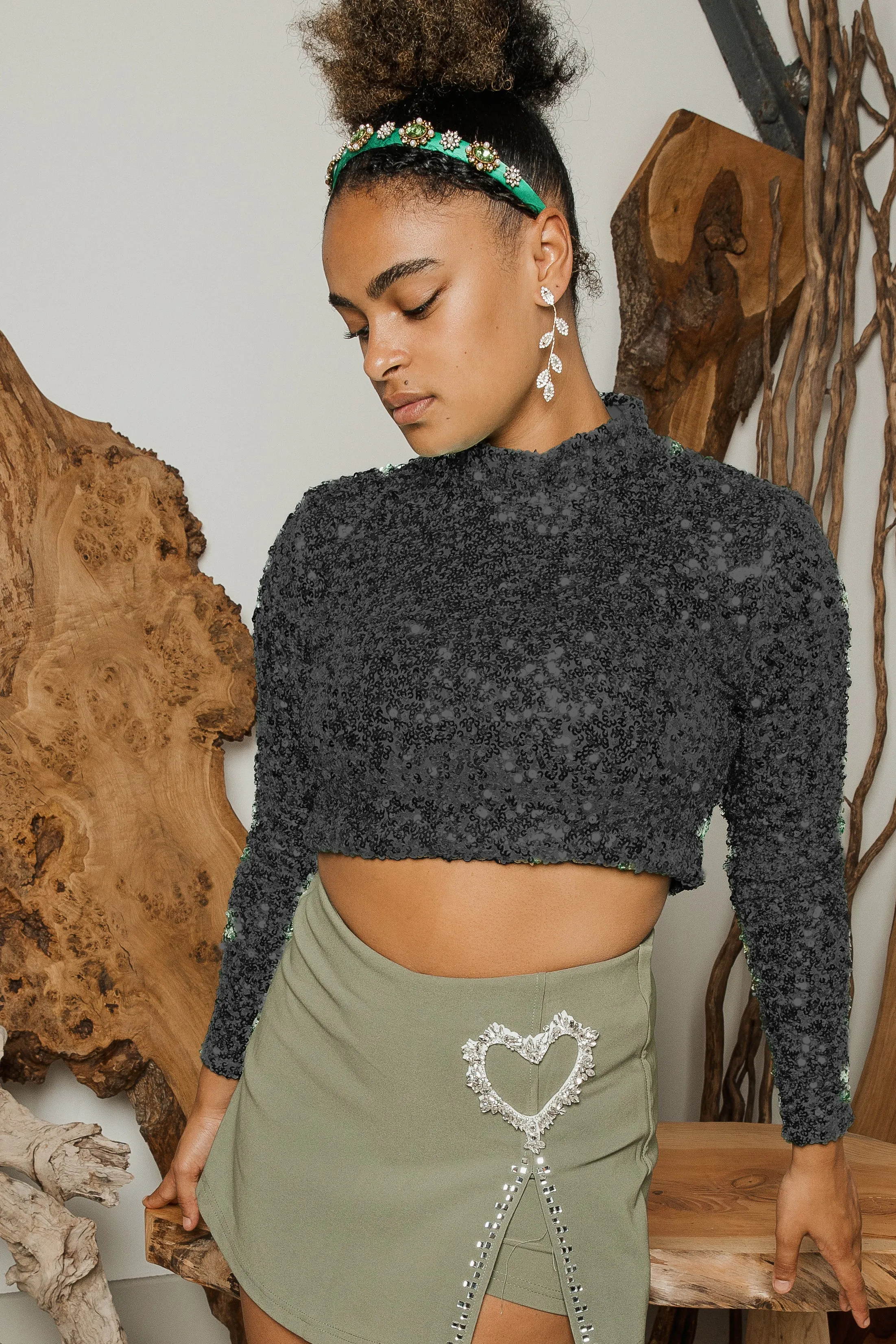 Polo Neck Sequin Sparkle Long Sleeve Top