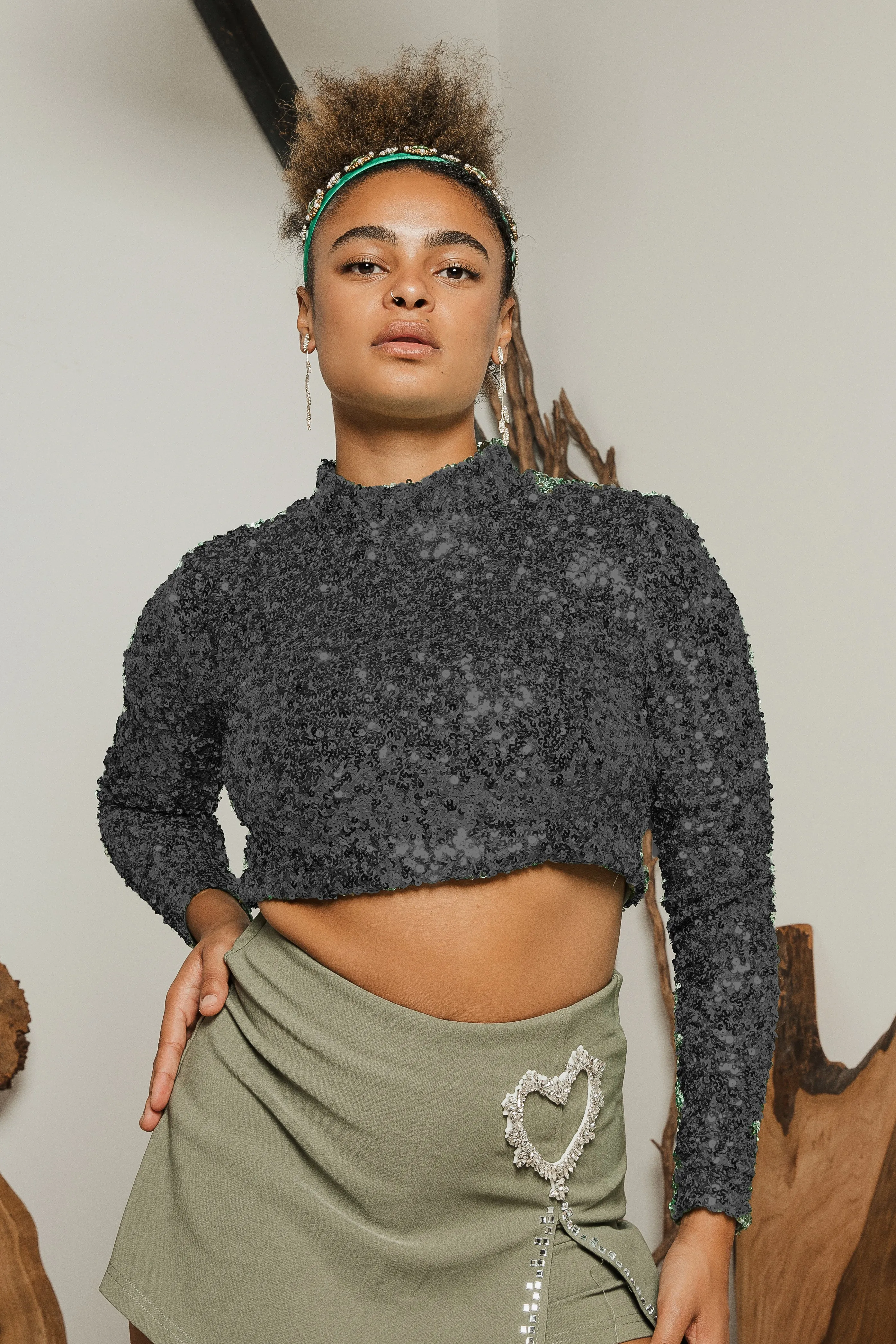 Polo Neck Sequin Sparkle Long Sleeve Top