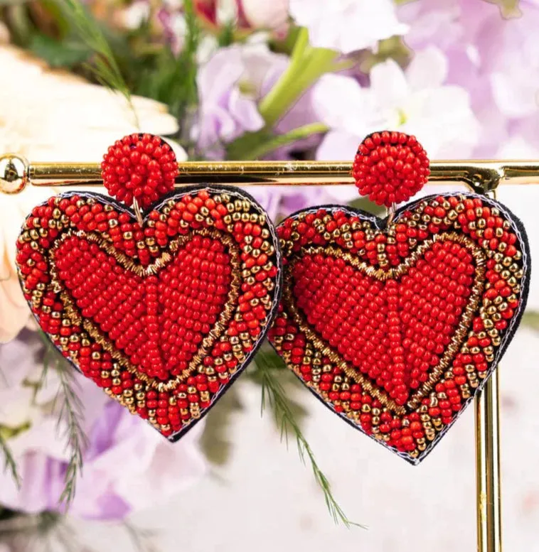 Red beaded Heart earrings